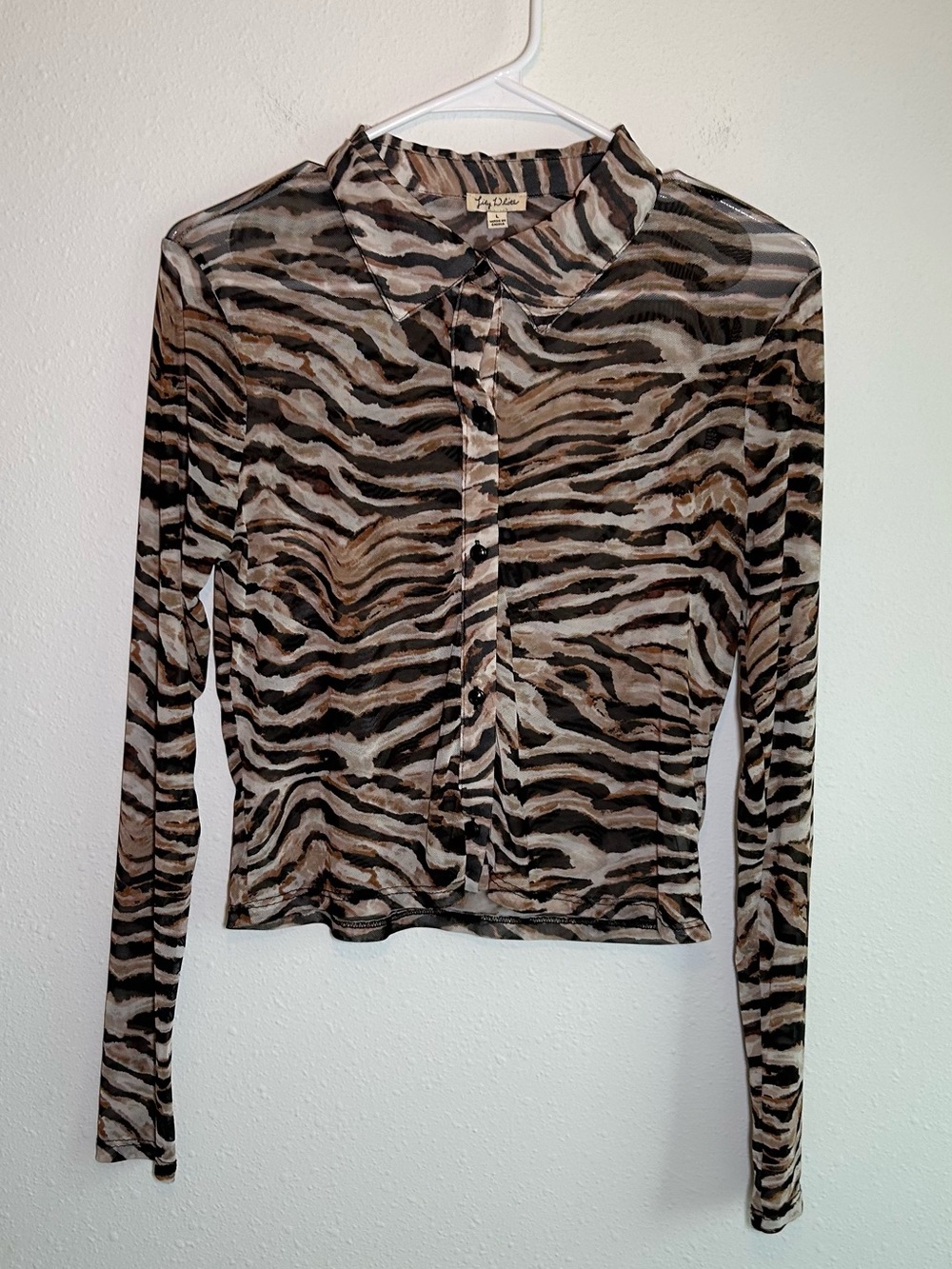 Mesh Animal Print Top Women’s L Y2K Sheer Going Out McBling Tiger Zebra Clubwear